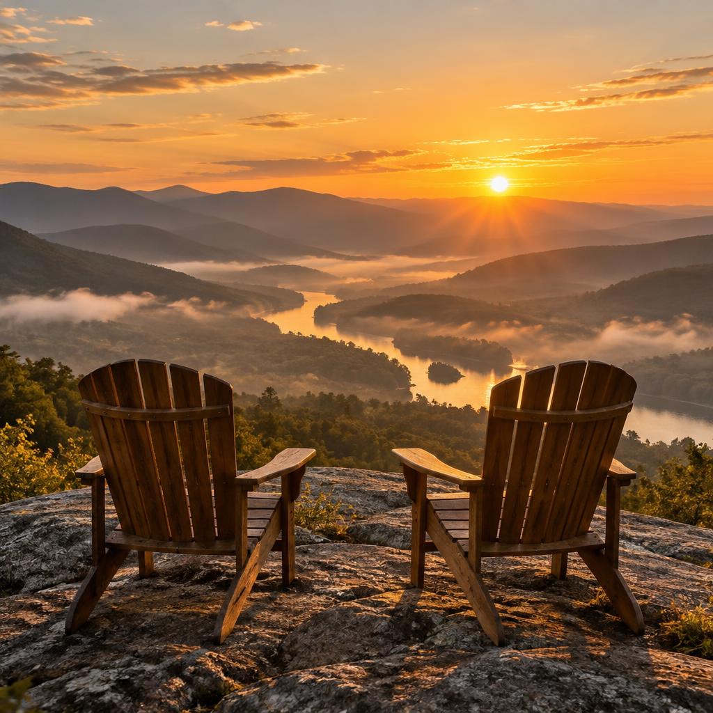 Two chairs on a mountain overlook at sunrise